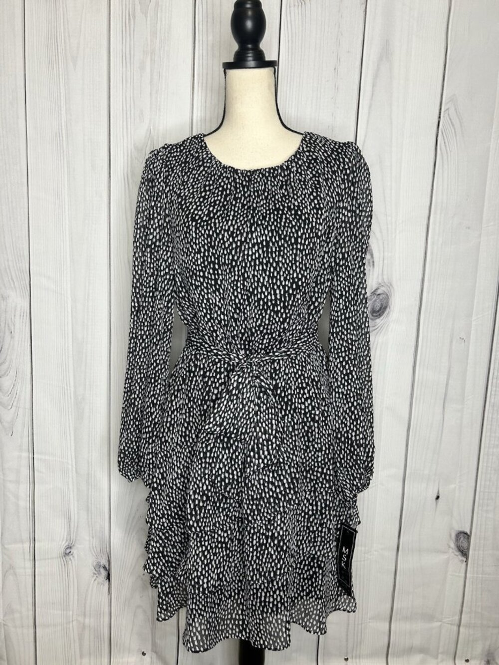 MSK Women's Black Tiered Long Sheer Sleeve Midi Dress Waist Tie Sz L Keyhole NEW